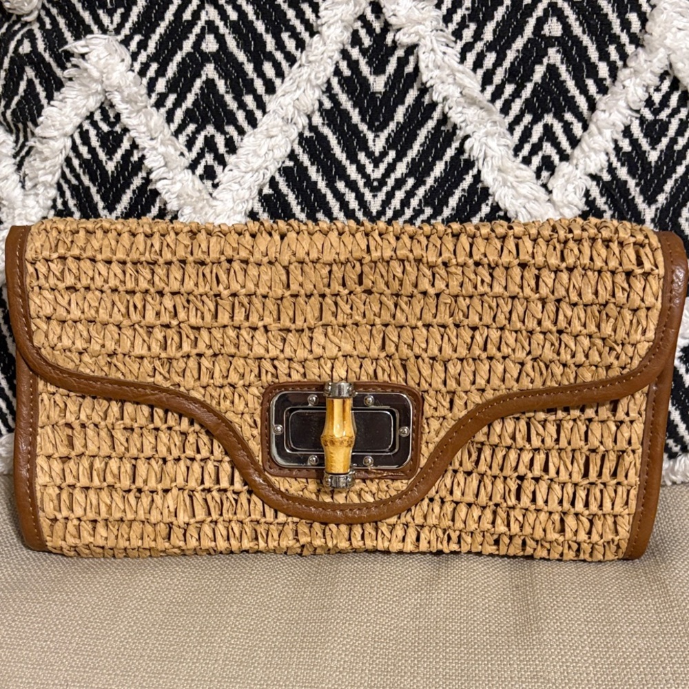 Straw Studios Woven Straw Clutch with Brown Trim and Bamboo Accent